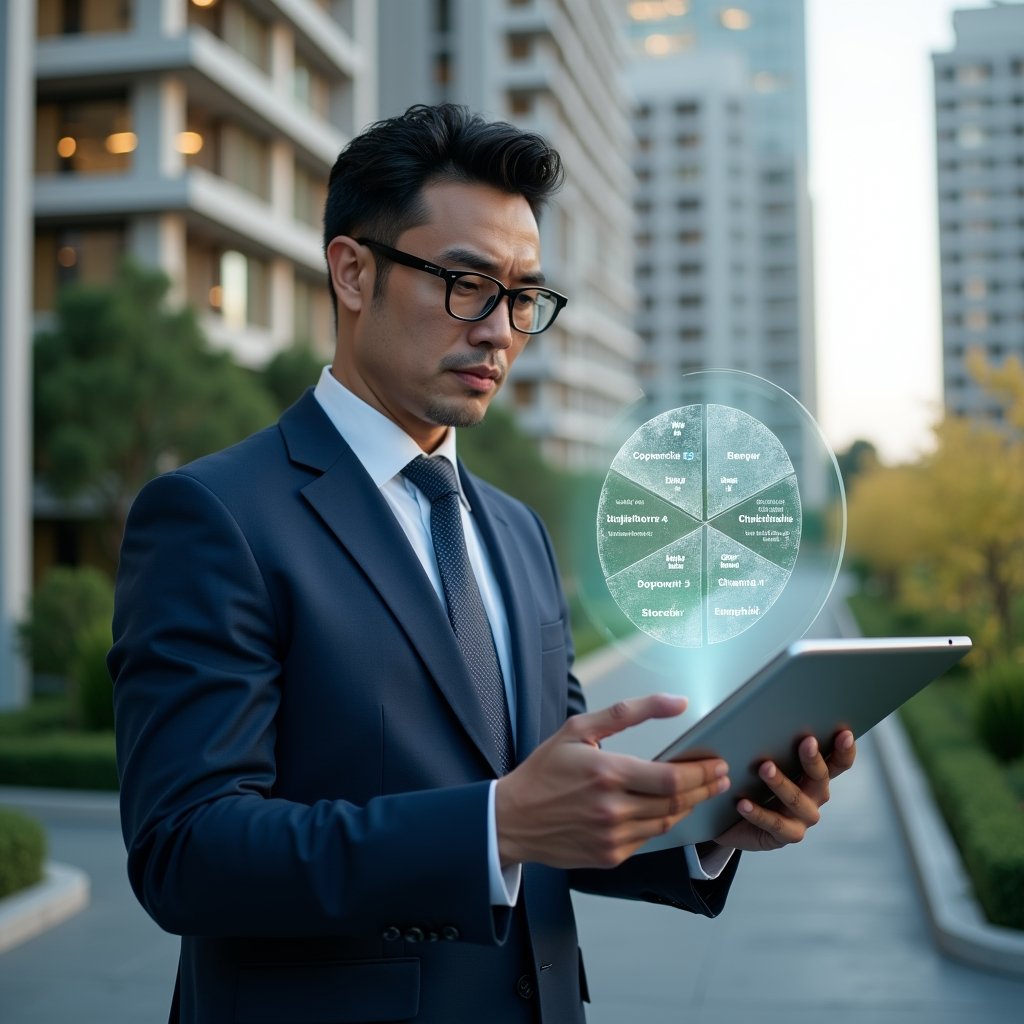 (Ultra-realistic condominium manager in a navy blue suit, set in a modern luxury condominium environment with high-rise buildings and meticulously landscaped greenery, standing in a medium shot while reviewing a holographic pie chart of unit fractions projected above a sleek tablet, expression focused and confident, cinematic lighting, shallow depth of field, highly detailed textures, realistic skin, photographic realism, 8k resolution --ar 1:1 --v 6)