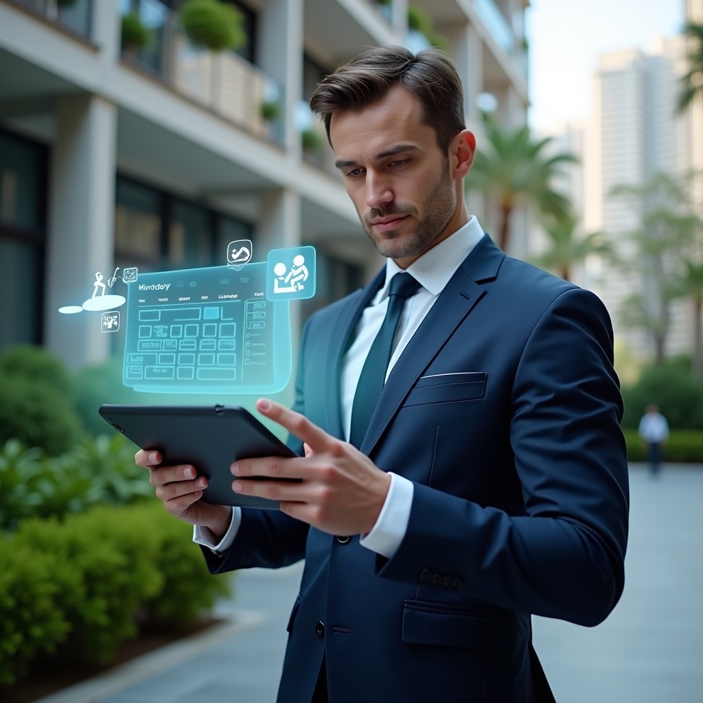 Ultra-realistic condo manager in a navy executive suit, set in a modern luxury condominium environment with high-rise buildings and lush green landscaping, holding a tablet displaying a holographic schedule calendar and pointing at upcoming tasks, holographic icons of a wrench, assembly podium, and inspection checklist floating around, confident and focused expression, cinematic lighting, shallow depth of field, highly detailed textures, realistic skin, photographic realism, 8k resolution --ar 1:1 --v 6