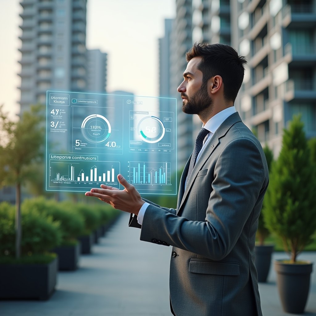 (Ultra-realistic condominium property manager in a tailored grey suit, set in a modern luxury condominium environment with high-rise buildings and manicured greenery, holding a transparent holographic dashboard displaying financial charts and proposal evaluations, confidently analyzing digital data, cinematic lighting, shallow depth of field, highly detailed textures, realistic skin, photographic realism, 8k resolution --ar 1:1 --v 6)