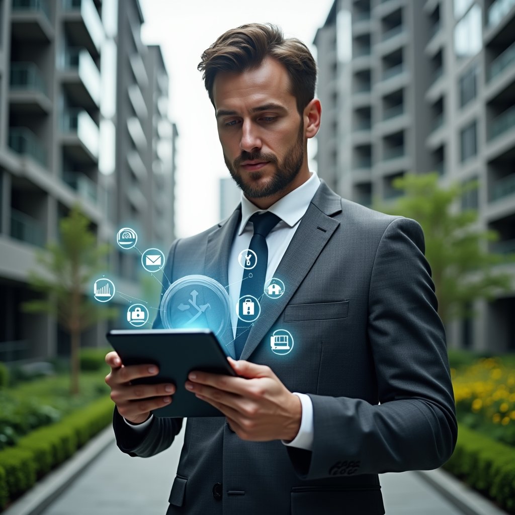 (Ultra-realistic property manager in a charcoal gray tailored suit, set in a modern luxury condominium environment with high-rise buildings and lush green landscaping, holding a tablet displaying a holographic interface of app icons for finance, communication, and security, examining the digital dashboard with a confident, analytical expression, cinematic lighting, shallow depth of field, highly detailed textures, realistic skin, photographic realism, 8k resolution --ar 1:1 --v 6)