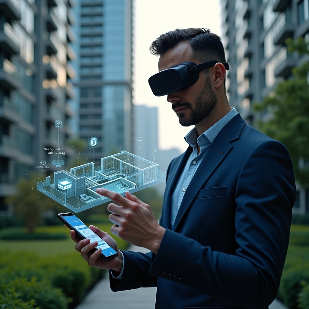 (Ultra-realistic condominium manager in a tailored navy blue suit, set in a modern luxury condominium environment with high-rise buildings and lush green landscaping, examining a holographic interface of app icons and performance charts related to condominium management, holding a smartphone projecting a 3D condo floorplan, cinematic lighting, shallow depth of field, highly detailed textures, realistic skin, photographic realism, 8k resolution --ar 1:1 --v 6)