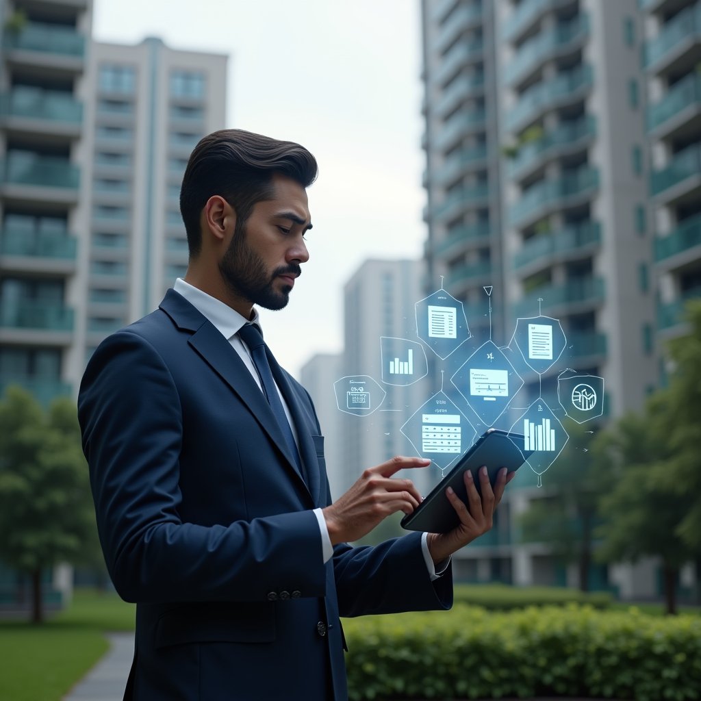 (Ultra-realistic condominium manager in a navy suit, set in a modern luxury condominium environment with high-rise buildings and meticulously landscaped gardens, holding a tablet displaying floating holographic icons of calendars, chat bubbles, and financial graphs, analyzing the digital interface with a confident, thoughtful expression, cinematic lighting, shallow depth of field, highly detailed textures, realistic skin, photographic realism, 8k resolution --ar 1:1 --v 6)