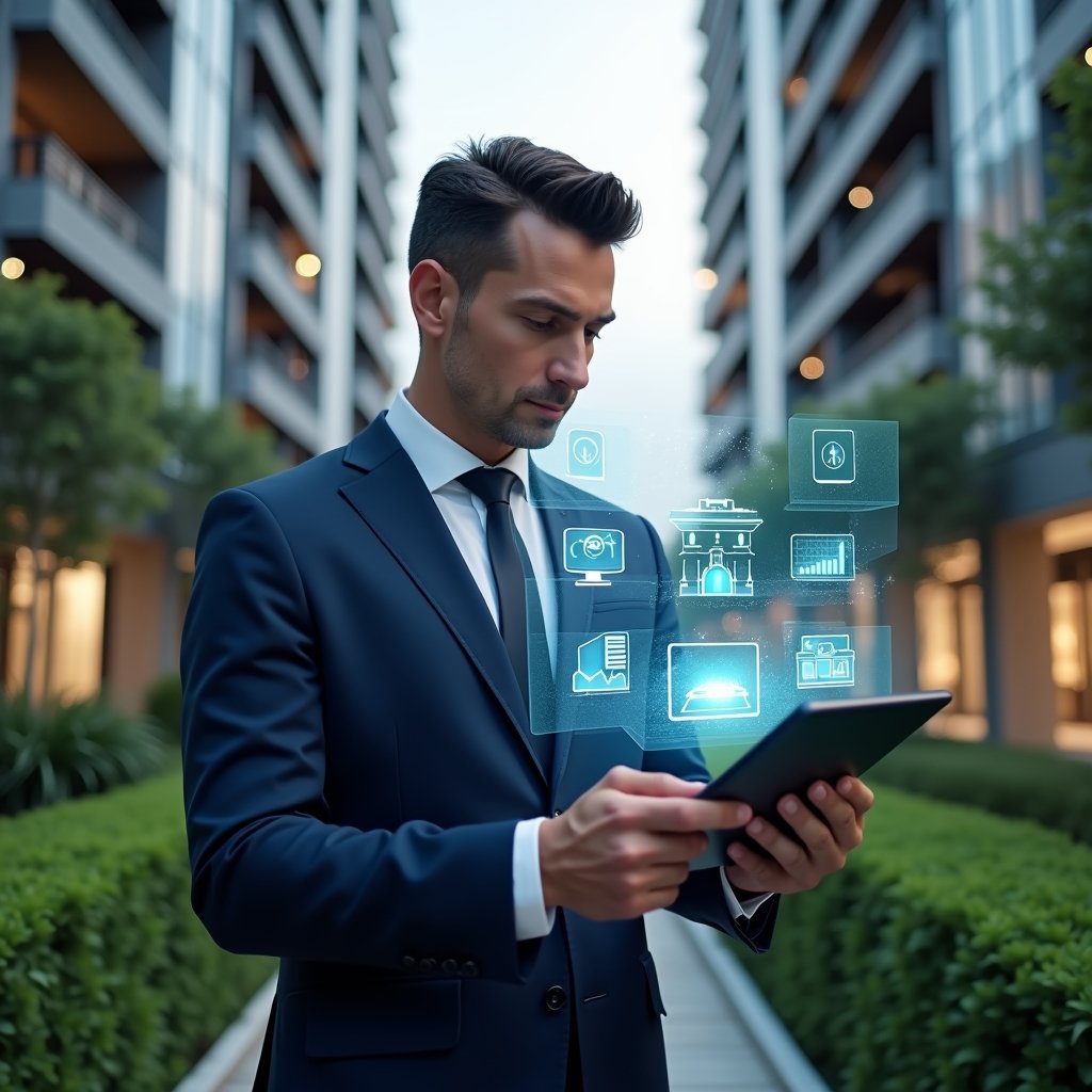 Ultra-realistic property manager in a navy executive suit, set in a modern luxury condominium environment with high-rise buildings and manicured green landscaping, holding a tablet displaying a holographic condominium management app interface, confidently analyzing floating app icons and data charts symbolizing resource comparison, cinematic lighting, shallow depth of field, highly detailed textures, realistic skin, photographic realism, 8k resolution --ar 1:1 --v 6