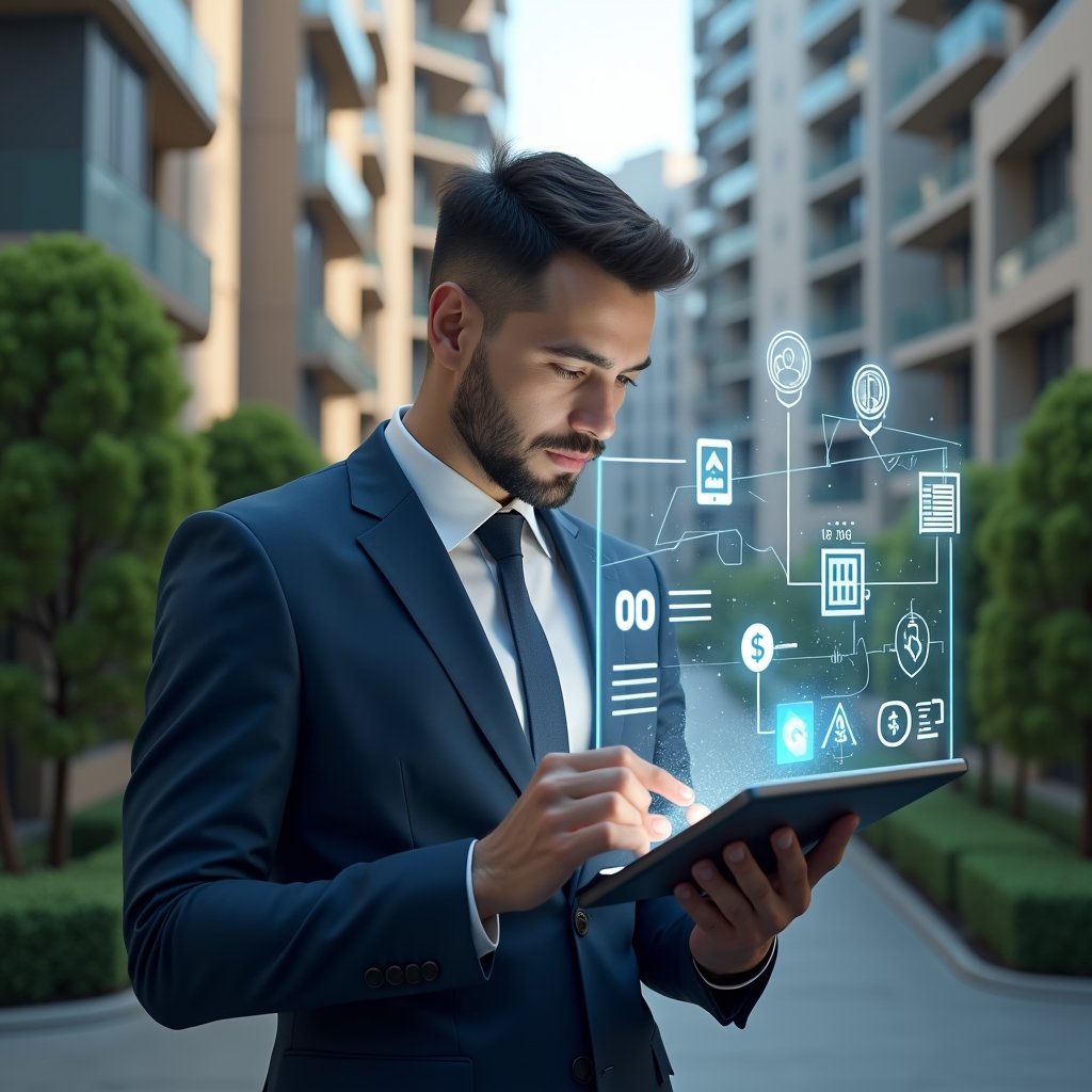 (Ultra-realistic condo manager in a navy tailored suit, set in a modern luxury condominium environment with high-rise buildings and manicured green landscaping, holding a tablet and reviewing a holographic interface of charts and checklists representing a management app, holographic icons of a condominium, smartphone, and dollar sign floating around, cinematic lighting, shallow depth of field, highly detailed textures, realistic skin, photographic realism, 8k resolution --ar 1:1 --v 6)
