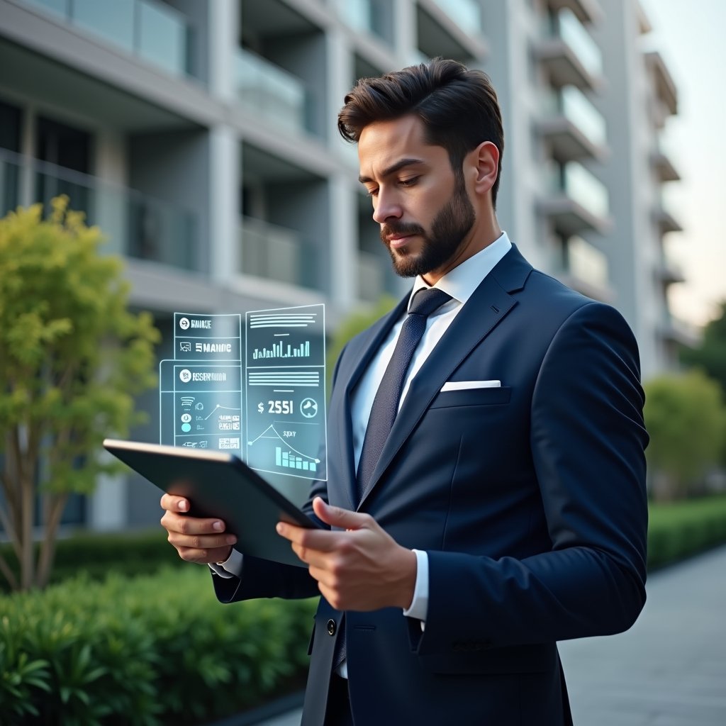Ultra-realistic condominium manager in a tailored navy suit, set in a modern luxury condominium environment with high-rise buildings and manicured green landscaping, examining a tablet displaying a sleek digital dashboard, holographic icons of finance, communication and reservation floating beside them, confident expression, cinematic lighting, shallow depth of field, highly detailed textures, realistic skin, photographic realism, 8k resolution --ar 1:1 --v 6