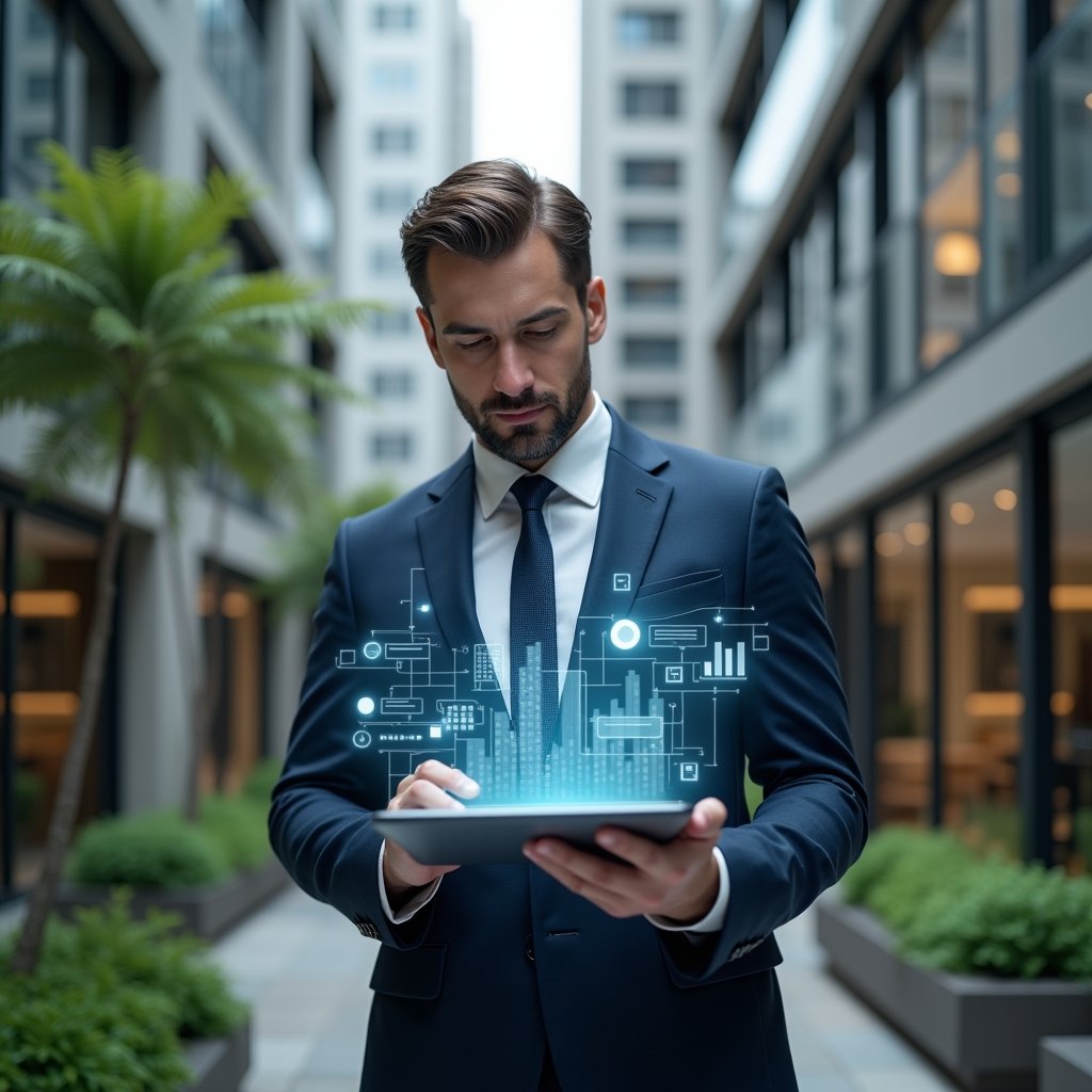 (Ultra-realistic property manager in a dark blue tailored suit, set in a modern luxury condominium environment with high-rise buildings and manicured green gardens, holding a transparent tablet displaying a holographic condominium management app interface, analyzing digital charts with a confident expression, glowing app icons floating around, cinematic lighting, shallow depth of field, highly detailed textures, realistic skin, photographic realism, 8k resolution --ar 1:1 --v 6)