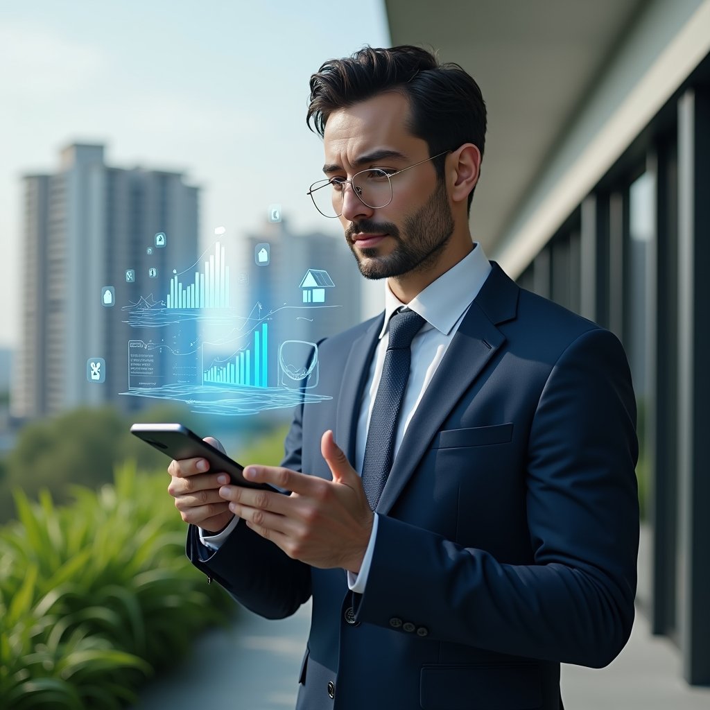 Ultra-realistic condominium manager in a tailored navy suit, set in a modern luxury condominium environment with high-rise buildings and lush green landscaping, holding and analyzing a floating holographic interface displaying app icons and performance graphs, confident and thoughtful expression, cinematic lighting, shallow depth of field, highly detailed textures, realistic skin, photographic realism, 8k resolution --ar 1:1 --v 6