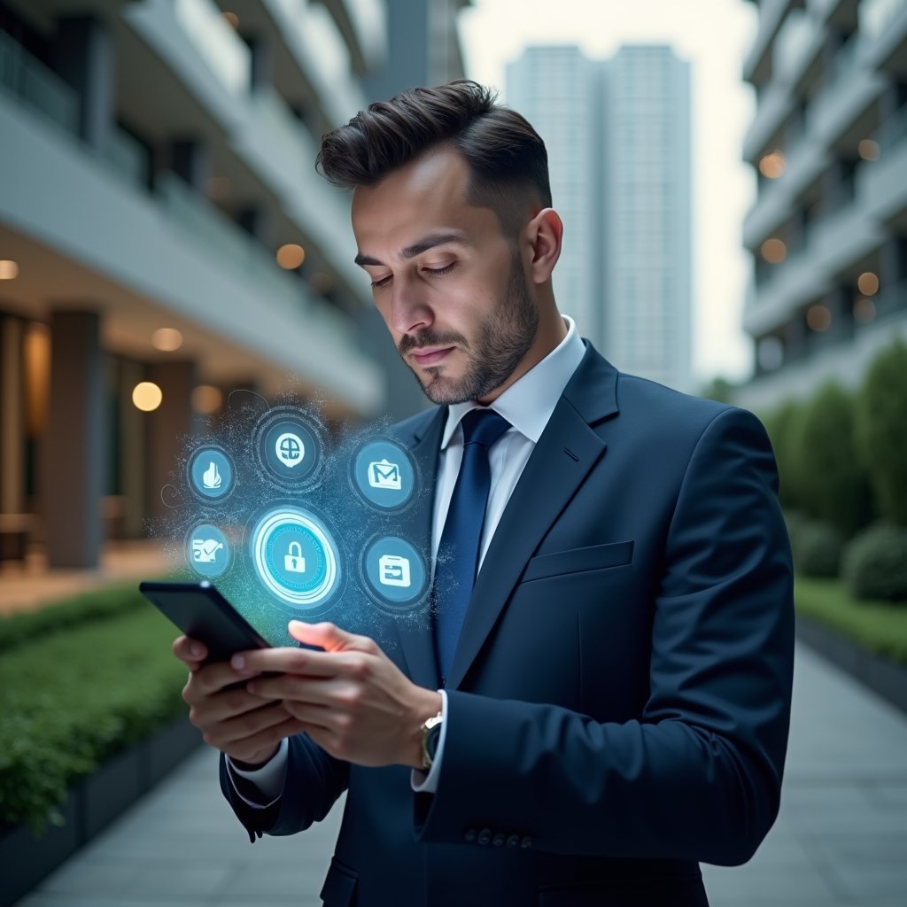 (Ultra-realistic condominium manager in a dark blue executive suit, set in a modern luxury condominium environment with high-rise buildings and meticulously landscaped gardens, holding a smartphone and examining a floating holographic dashboard of app icons and charts related to property management, confident and focused expression, cinematic lighting, shallow depth of field, highly detailed textures, realistic skin, photographic realism, 8k resolution --ar 1:1 --v 6)