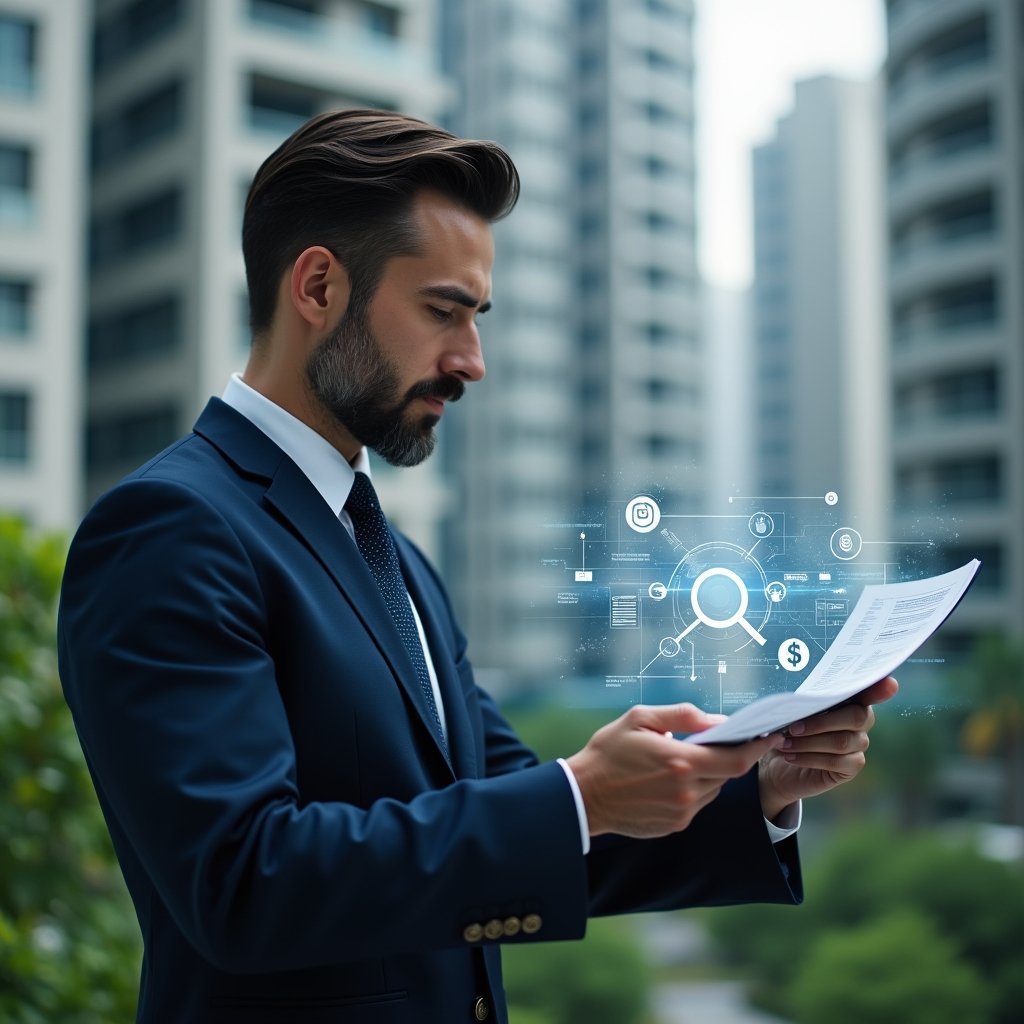 (Ultra-realistic condominium manager in a navy executive suit, set in a modern luxury condominium environment with high-rise buildings and lush green landscaping, reviewing a transparent holographic financial report with floating expense icons and a magnifying glass symbol, thoughtful and confident expression, cinematic lighting, shallow depth of field, highly detailed textures, realistic skin, photographic realism, 8k resolution --ar 1:1 --v 6)