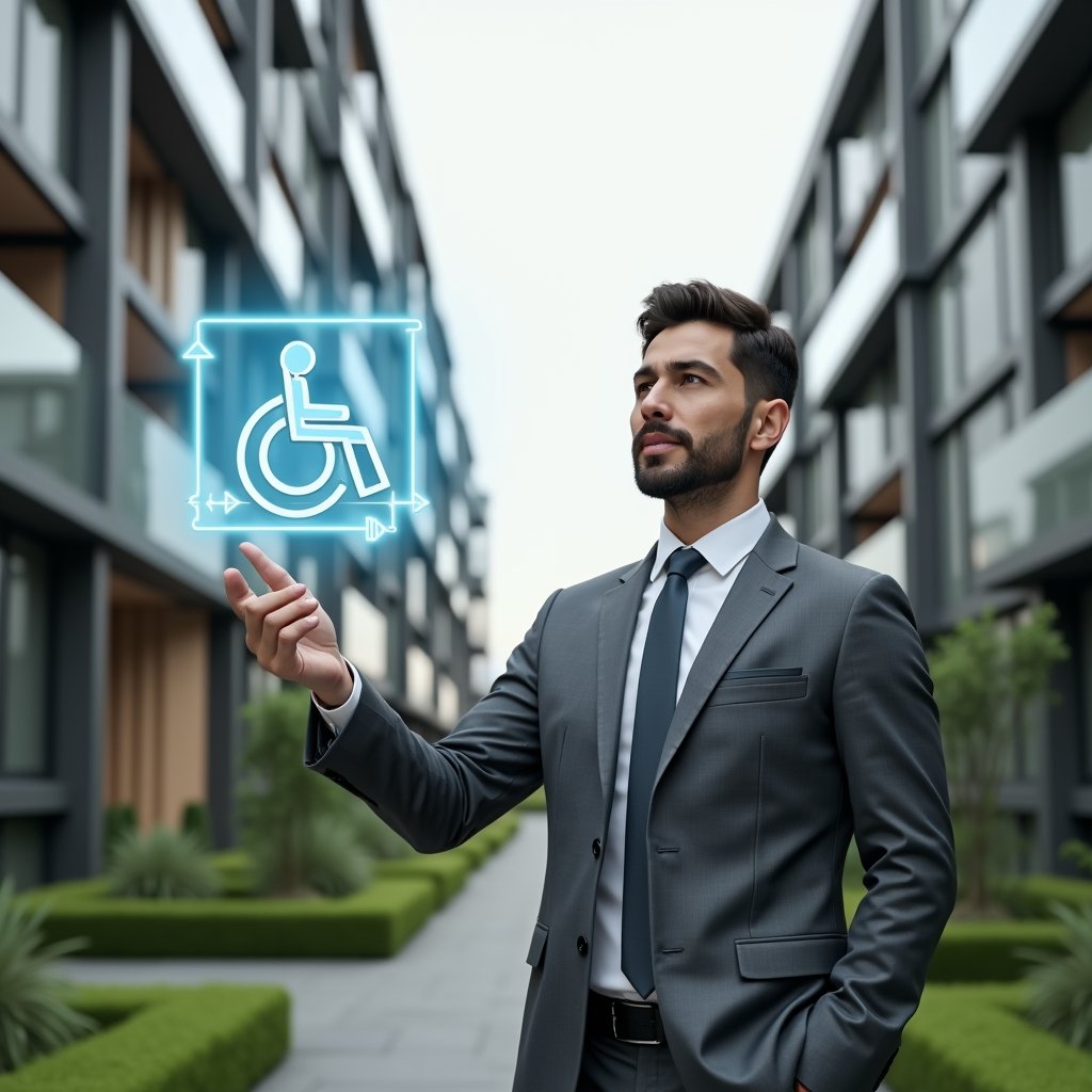 (Ultra-realistic condominium manager in a tailored gray suit, set in a modern luxury condominium environment with high-rise buildings and manicured green landscaping, holding and pointing to a floating hologram of a wheelchair icon and accessible ramp design, conveying confidence and inspiration, cinematic lighting, shallow depth of field, highly detailed textures, realistic skin, photographic realism, 8k resolution --ar 1:1 --v 6)
