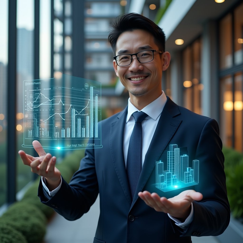 Ultra-realistic condominium property manager in a navy executive suit, set in a modern luxury condominium environment with high-rise buildings and manicured green landscaping, confidently presenting a holographic financial report with glowing charts and graphs in hand, cinematic lighting, shallow depth of field, highly detailed textures, realistic skin, photographic realism, 8k resolution --ar 1:1 --v 6