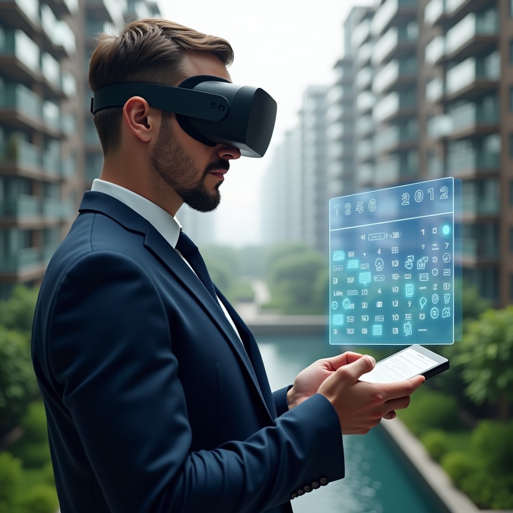 Ultra-realistic condominium manager in a navy blue suit, set in a modern luxury condominium environment with high-rise buildings and lush green landscaping, confidently reviewing a floating holographic schedule board with calendar icons and task checkmarks, cinematic lighting, shallow depth of field, highly detailed textures, realistic skin, photographic realism, 8k resolution --ar 1:1 --v 6