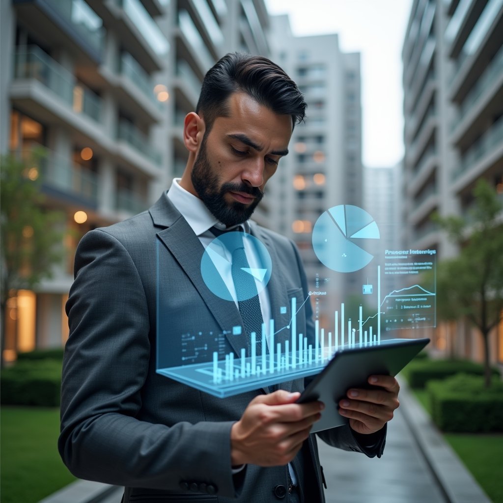 (Ultra-realistic condo manager in a charcoal gray suit, set in a modern luxury condominium environment with high-rise buildings and manicured green landscaping, mid shot of a professional analyzing holographic financial charts projected above a tablet, floating pie charts and bar graphs symbolizing transparent accounting, confident and focused expression, cinematic lighting, shallow depth of field, highly detailed textures, realistic skin, photographic realism, 8k resolution --ar 1:1 --v 6)