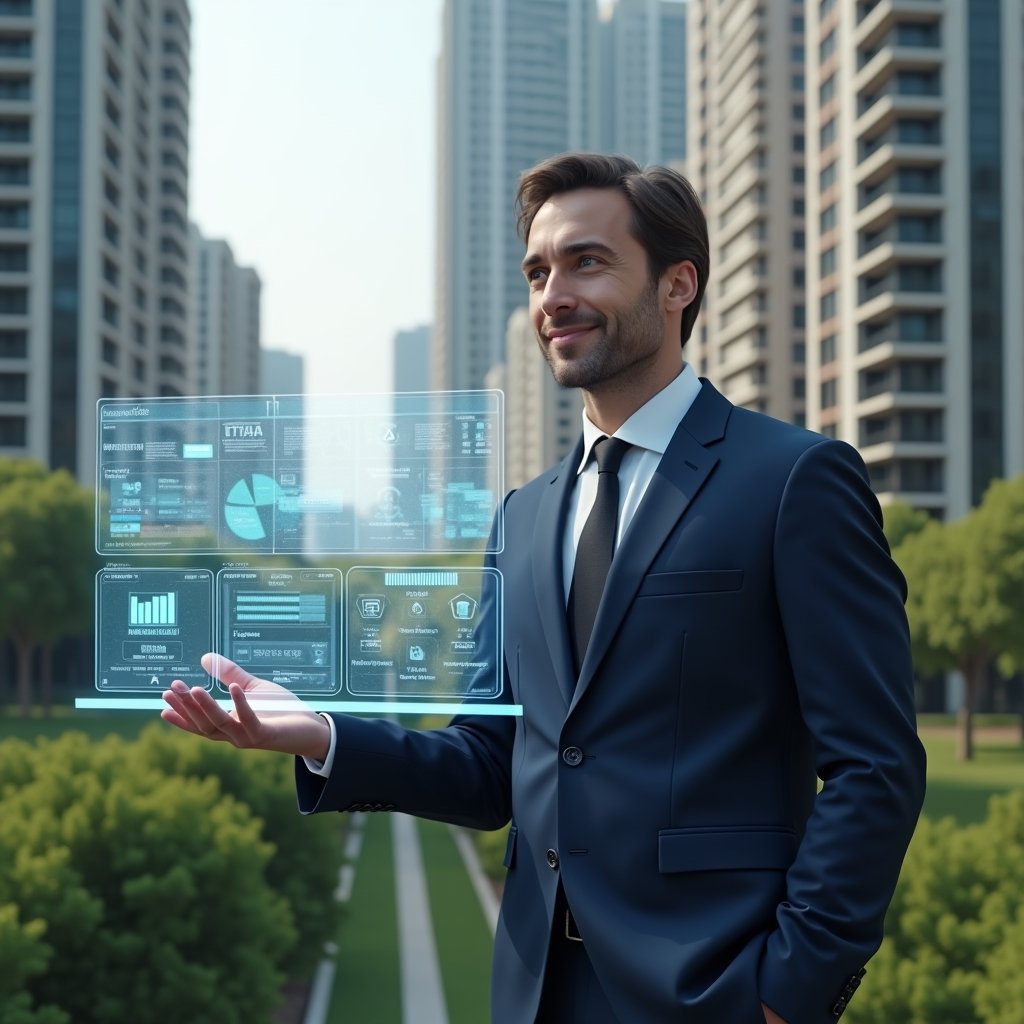 (Ultra-realistic condominium manager in a tailored navy suit, set in a modern luxury condominium environment with high-rise buildings and manicured green landscaping, interacting confidently with a floating holographic dashboard of building management icons, cinematic lighting, shallow depth of field, highly detailed textures, realistic skin, photographic realism, 8k resolution --ar 1:1 --v 6)