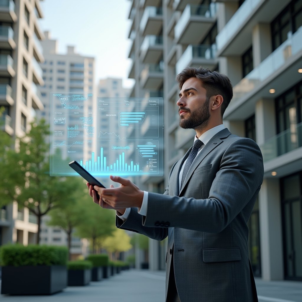 Ultra-realistic condominium manager in a tailored gray suit, set in a modern luxury condominium environment with high-rise buildings and manicured greenery, reviewing a floating holographic spreadsheet and financial graphs with a confident, focused expression, digital ledger icons orbiting around, cinematic lighting, shallow depth of field, highly detailed textures, realistic skin, photographic realism, 8k resolution --ar 1:1 --v 6