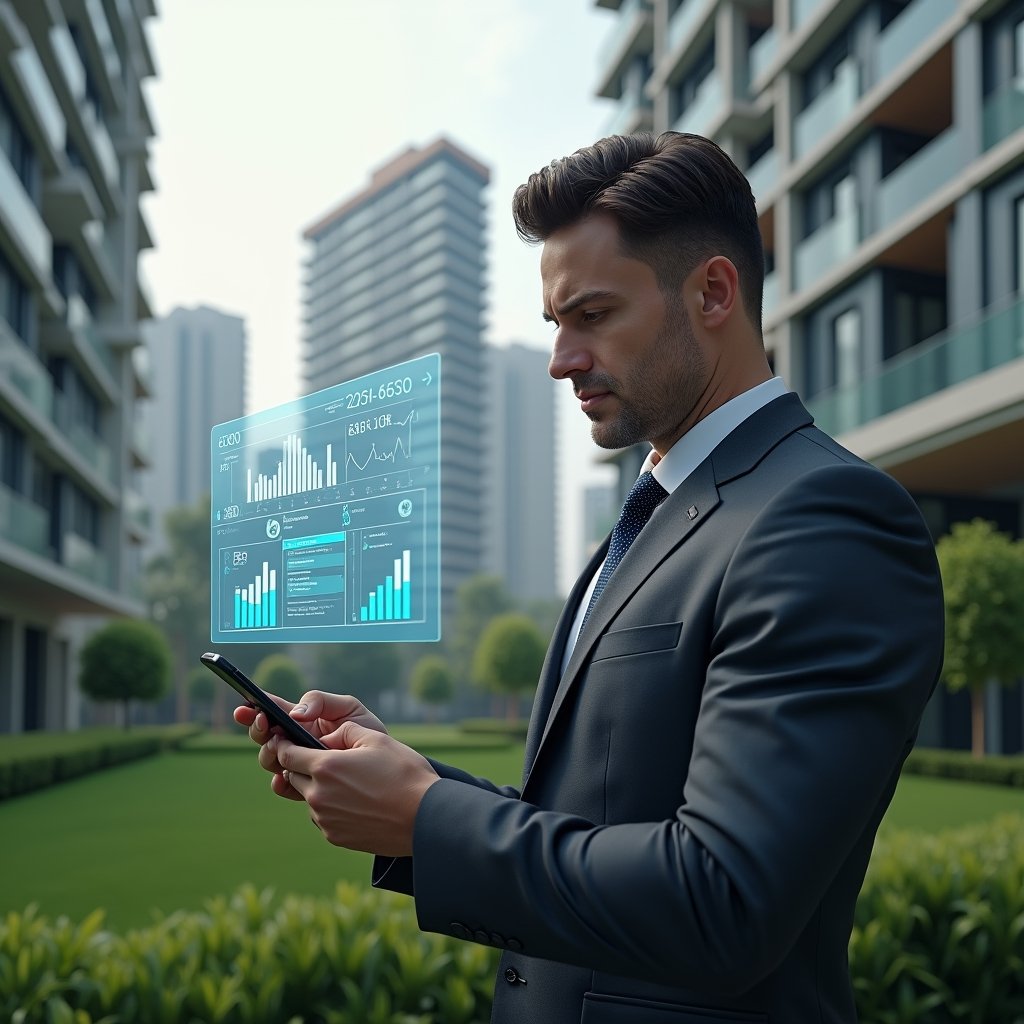 Ultra-realistic condominium manager in a dark gray suit, set in a modern luxury condominium environment with high-rise buildings and manicured green landscaping, examining a floating holographic real-time dashboard of charts and graphs, confident and focused expression, cinematic lighting, shallow depth of field, highly detailed textures, realistic skin, photographic realism, 8k resolution --ar 1:1 --v 6