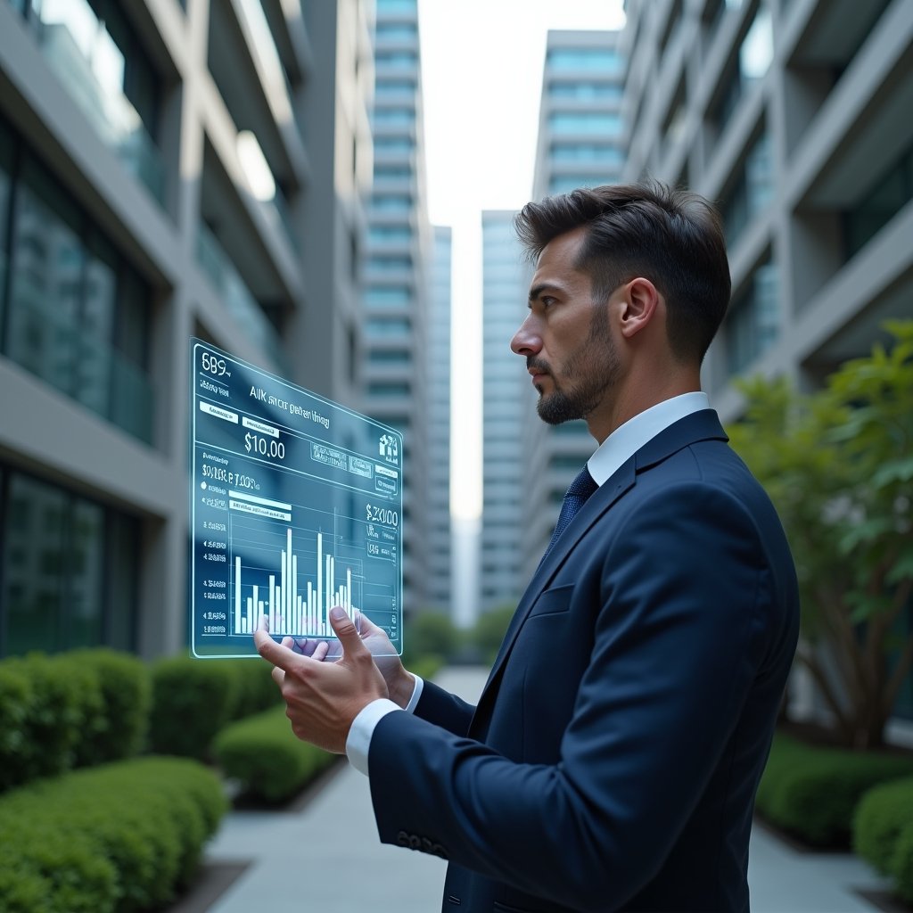 Ultra-realistic condominium manager in a navy executive suit, set in a modern luxury condominium environment with high-rise buildings and meticulously landscaped greenery, examining a floating holographic expense dashboard with bar graphs and icons representing financial efficiency, confident and focused expression, cinematic lighting, shallow depth of field, highly detailed textures, realistic skin, photographic realism, 8k resolution --ar 1:1 --v 6