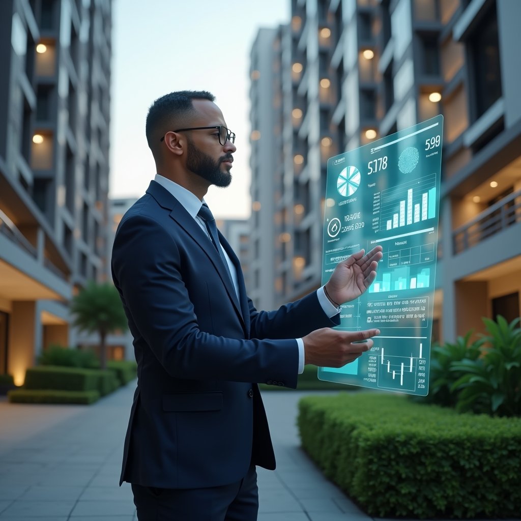 (Ultra-realistic condominium manager in a tailored navy suit, set in a modern luxury condominium environment with high-rise buildings and manicured green landscaping, standing in a medium shot as they interact with a semi-transparent holographic dashboard showing expense breakdowns and approval icons, confident and focused expression, symbolic floating rateio and finance graphs around them, cinematic lighting, shallow depth of field, highly detailed textures, realistic skin, photographic realism, 8k resolution --ar 1:1 --v 6)