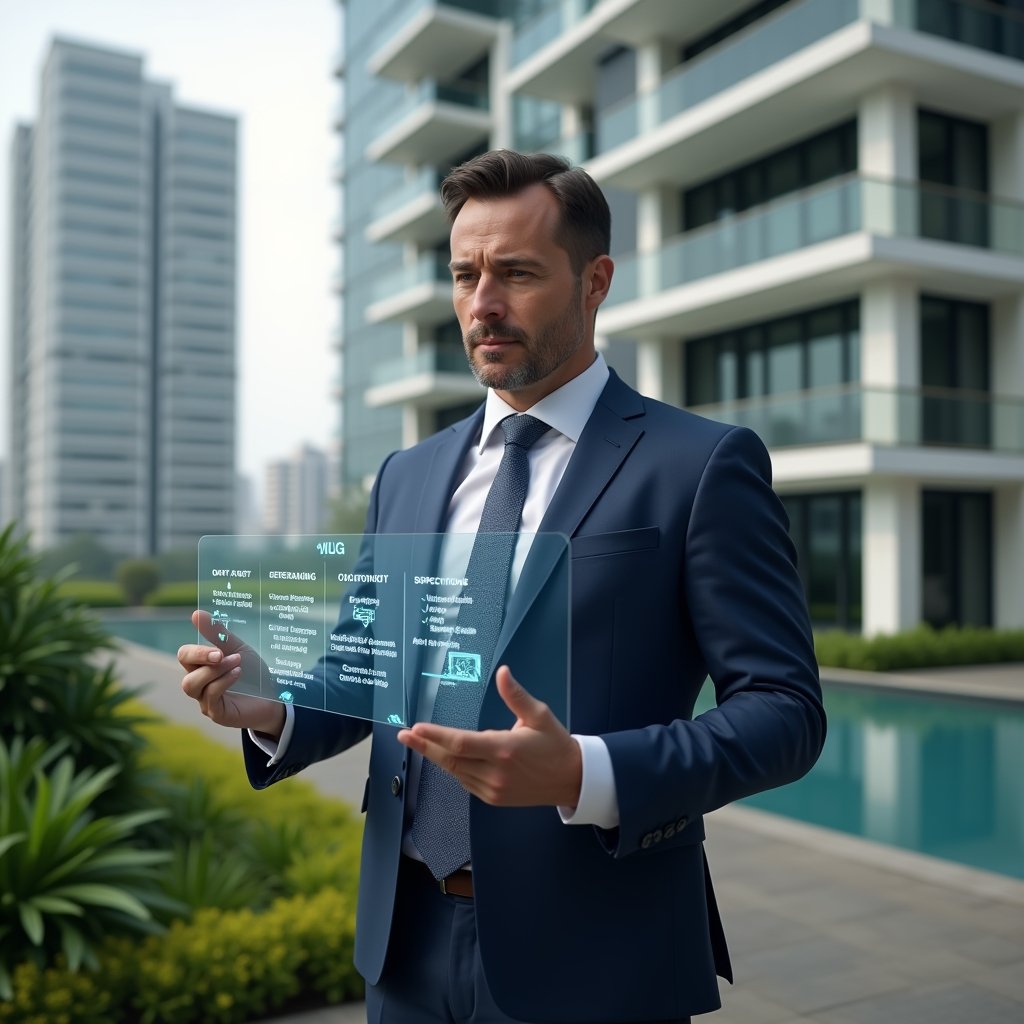 (Ultra-realistic condo manager in a navy blue tailored suit, set in a modern luxury condominium environment with high-rise buildings and meticulously landscaped greenery, examining a holographic schedule with floating icons for cleaning, maintenance, and inspections, confident and focused expression, cinematic lighting, shallow depth of field, highly detailed textures, realistic skin, photographic realism, 8k resolution --ar 1:1 --v 6)