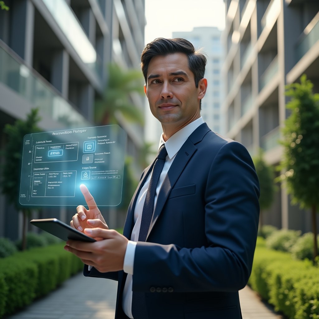 (Ultra-realistic condominium manager in a navy executive suit, set in a modern luxury condominium environment with high-rise buildings and manicured green gardens, holding a tablet and tapping on a holographic calendar interface to schedule common‐area reservations, floating reservation icons and digital interface elements around them, confident and focused expression, cinematic lighting, shallow depth of field, highly detailed textures, realistic skin, photographic realism, 8k resolution --ar 1:1 --v 6)