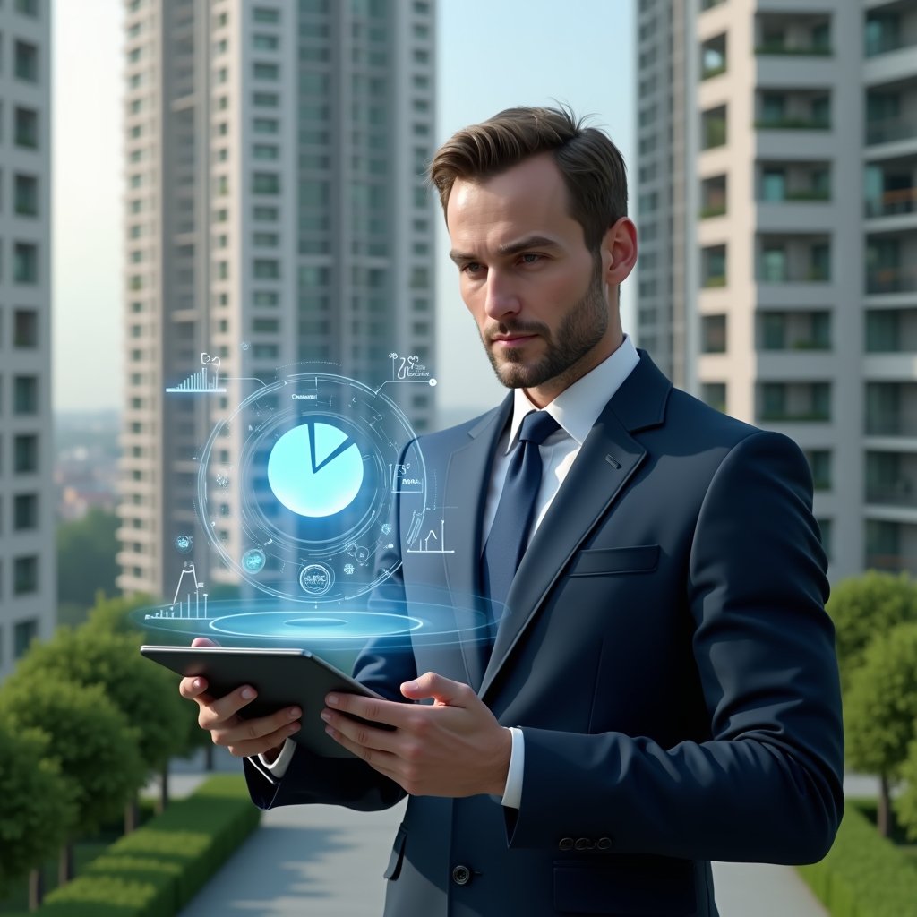 Ultra-realistic condominium manager in a navy suit, set in a modern luxury condominium environment with high-rise buildings and pristine green landscaping, analyzing a floating holographic pie chart showing a 30% cost reduction, holding a digital tablet displaying financial graphs, confident and focused expression, cinematic lighting, shallow depth of field, highly detailed textures, realistic skin, photographic realism, 8k resolution --ar 1:1 --v 6