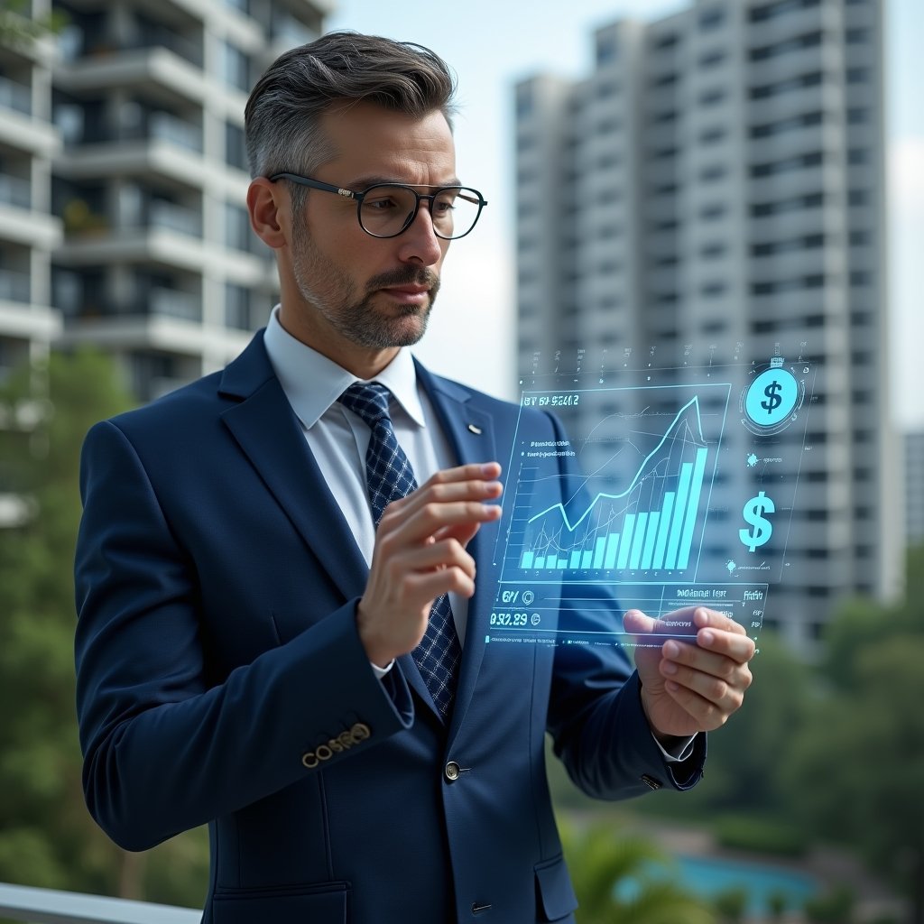 Ultra-realistic condominium manager in a navy blue executive suit, set in a modern luxury condominium environment with high-rise buildings and green landscaping, reviewing a holographic financial report with floating graphs and dollar icons, confident and focused expression, cinematic lighting, shallow depth of field, highly detailed textures, realistic skin, photographic realism, 8k resolution --ar 1:1 --v 6