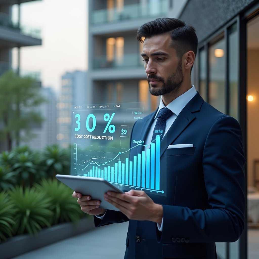 Ultra-realistic condominium manager in a tailored dark blue suit, set in a modern luxury condominium environment with high-rise buildings and lush green landscaping, medium shot of them reviewing a holographic financial chart showing a 30% cost reduction, holding a digital tablet with a floating calendar schedule hologram symbolizing strategic budgeting, confident and focused expression, cinematic lighting, shallow depth of field, highly detailed textures, realistic skin, photographic realism, 8k resolution --ar 1:1 --v 6