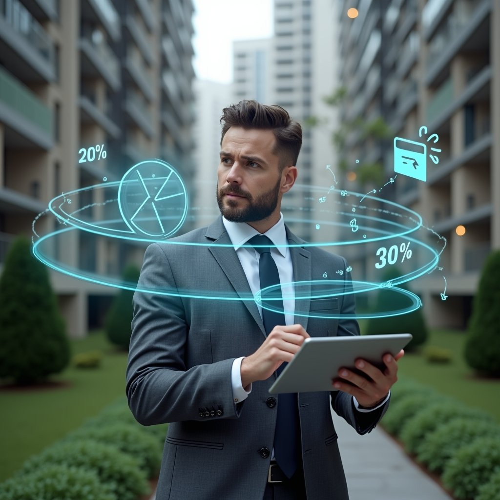 (Ultra-realistic condominium manager in a charcoal gray tailored suit, set in a modern luxury condominium environment with high-rise buildings and meticulously landscaped green areas, confidently reviewing a floating holographic pie chart highlighting a 30% reduction in expenses while holding a sleek tablet, holographic contract icons and cost-control symbols orbiting around, cinematic lighting, shallow depth of field, highly detailed textures, realistic skin, photographic realism, 8k resolution --ar 1:1 --v 6)