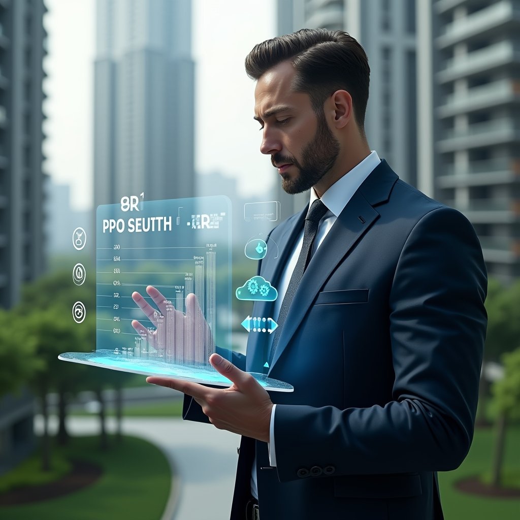 Ultra-realistic condominium manager in a tailored navy suit, set in a modern luxury condominium environment with high-rise buildings and manicured green landscaping, examining a translucent holographic dashboard showing descending expense charts and efficiency icons, holographic money and gear symbols floating beside, confident and focused expression, cinematic lighting, shallow depth of field, highly detailed textures, realistic skin, photographic realism, 8k resolution --ar 1:1 --v 6