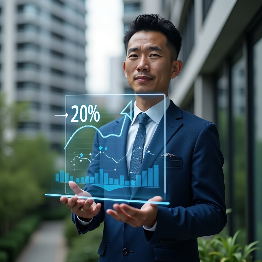 Ultra-realistic condominium manager in a navy blue suit, set in a modern luxury condominium environment with high-rise buildings and lush green landscaping, holding a transparent holographic screen displaying financial charts with a bold “-30%” cost reduction arrow and automation gear icons, confident and focused expression, cinematic lighting, shallow depth of field, highly detailed textures, realistic skin, photographic realism, 8k resolution --ar 1:1 --v 6
