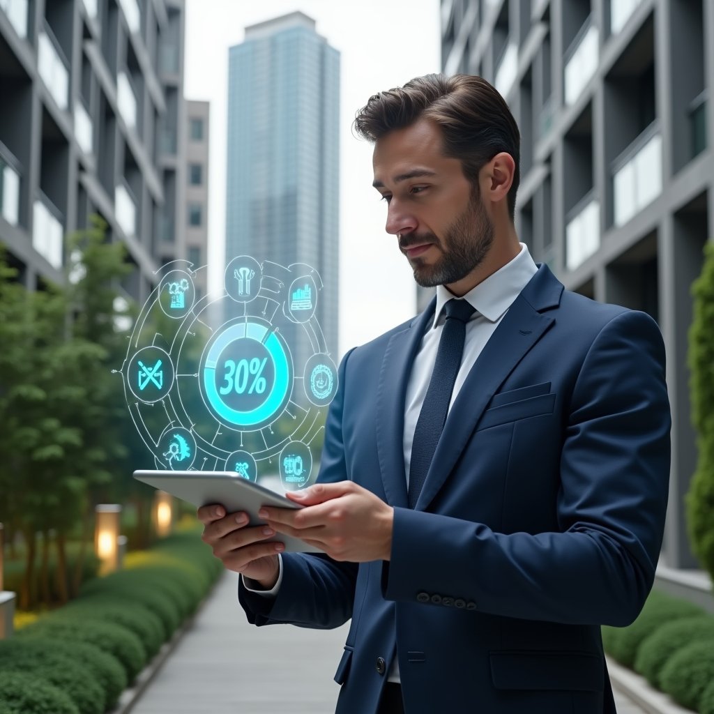 (Ultra-realistic condominium manager in a tailored navy suit, set in a modern luxury condominium environment with high-rise buildings and manicured green landscaping, holding a sleek tablet that projects a holographic pie chart showing a 30% cost reduction, confidently analyzing data with a focused expression, floating icons of energy savings, maintenance tools and financial growth, cinematic lighting, shallow depth of field, highly detailed textures, realistic skin, photographic realism, 8k resolution --ar 1:1 --v 6)
