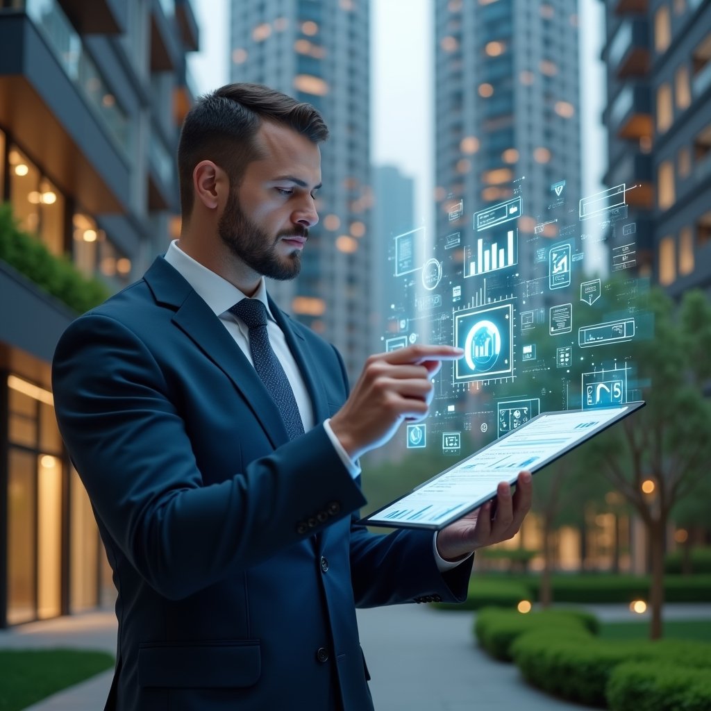 (Ultra-realistic condominium manager in a navy business suit, set in a modern luxury condominium environment with high-rise buildings and manicured green landscaping, examining a floating holographic financial report with automated charts and graphs, confident and focused expression, symbolic glowing icons of documents and data streams, cinematic lighting, shallow depth of field, highly detailed textures, realistic skin, photographic realism, 8k resolution --ar 1:1 --v 6)