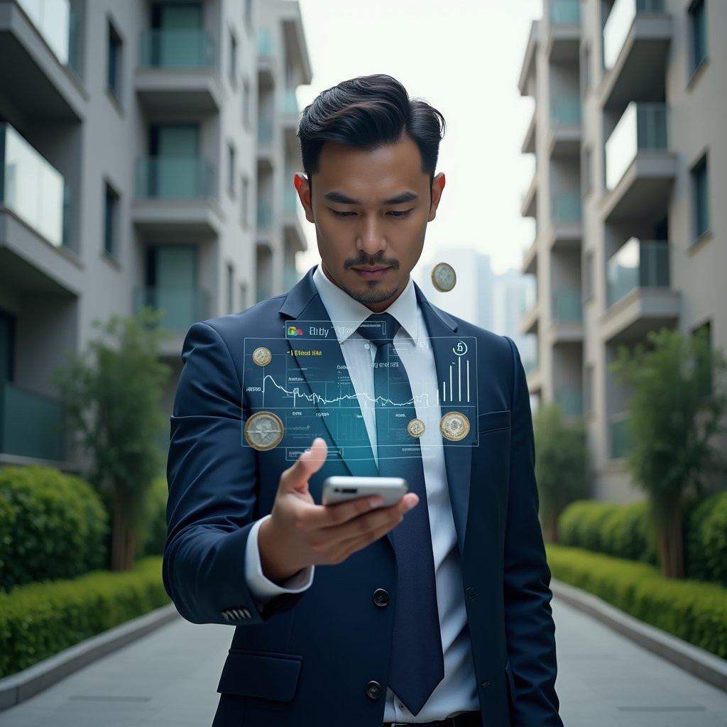 Ultra-realistic condominium manager in a navy executive suit, set in a modern luxury condominium environment with high-rise buildings and manicured green landscaping, mid-shot reviewing a holographic financial report display with floating transparent charts and icons of coins and graphs, confident and focused expression, cinematic lighting, shallow depth of field, highly detailed textures, realistic skin, photographic realism, 8k resolution --ar 1:1 --v 6