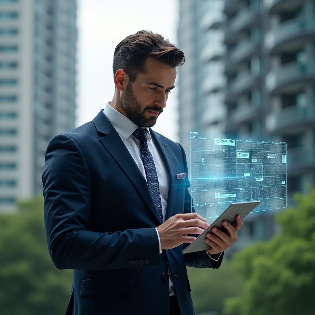 Ultra-realistic condominium manager in a tailored navy suit, set in a modern luxury condominium environment with high-rise buildings and green landscaping, holding a tablet and examining a floating holographic calendar grid, confident and focused expression, holographic icons for maintenance, meetings, and finance hovering nearby, cinematic lighting, shallow depth of field, highly detailed textures, realistic skin, photographic realism, 8k resolution --ar 1:1 --v 6