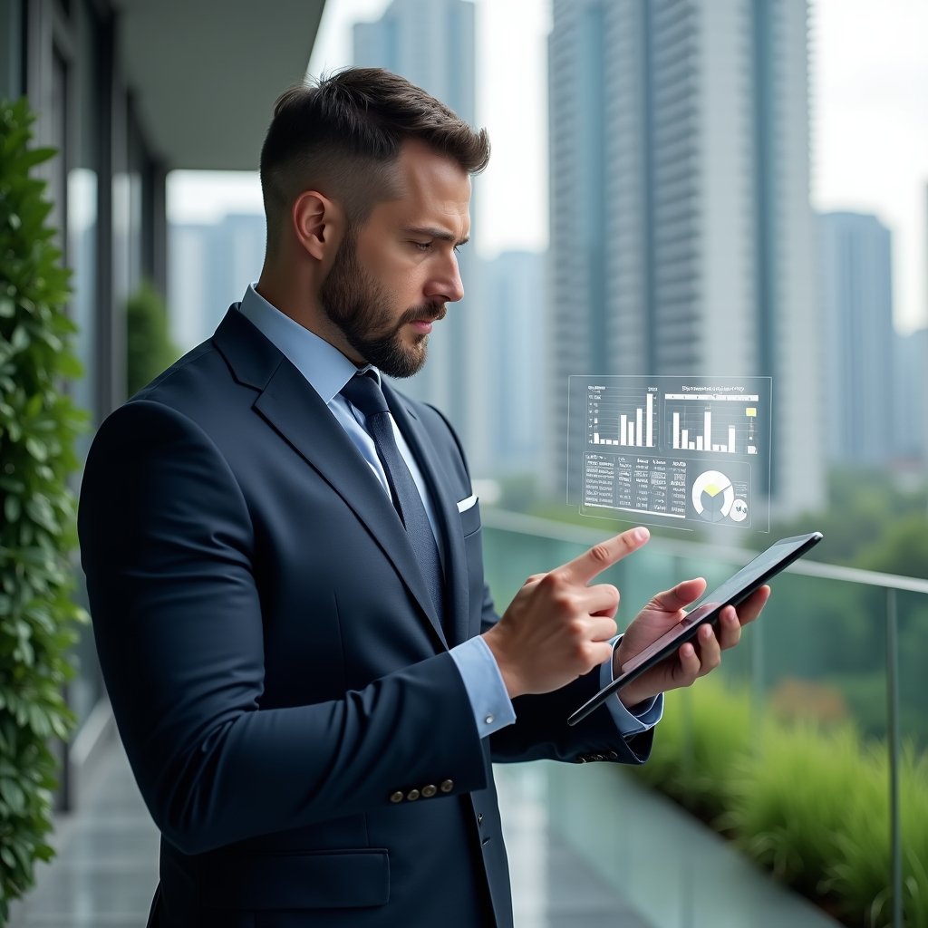 Ultra-realistic condominium manager in a tailored navy suit, set in a modern luxury condominium environment with high-rise buildings and lush green landscaping, reviewing financial data on a transparent tablet and pointing at a holographic expense chart displaying receipts and bar graphs, cinematic lighting, shallow depth of field, highly detailed textures, realistic skin, photographic realism, 8k resolution --ar 1:1 --v 6