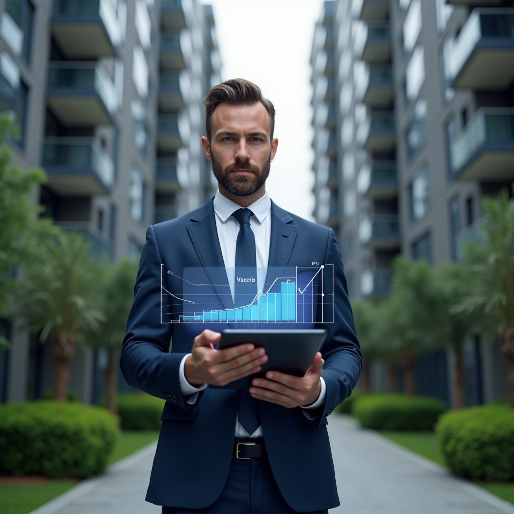(Ultra-realistic condominium manager in a navy blue business suit, set in a modern luxury condominium environment with high-rise buildings and manicured green landscaping, standing with a digital tablet displaying holographic financial charts, confidently analyzing budget projections with a glowing holographic reserve fund icon floating beside, cinematic lighting, shallow depth of field, highly detailed textures, realistic skin, photographic realism, 8k resolution --ar 1:1 --v 6)