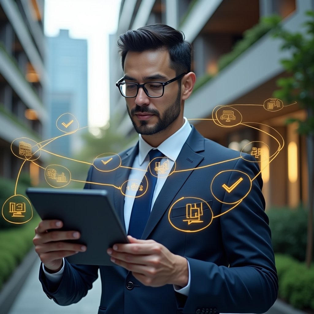 Ultra-realistic condominium manager in a navy blue business suit, set in a modern luxury condominium environment with high-rise buildings and lush green landscaping, confidently reviewing a floating holographic 7-step approval checklist, golden checkmark icons and transparent financial graphs swirling around, cinematic lighting, shallow depth of field, highly detailed textures, realistic skin, photographic realism, 8k resolution --ar 1:1 --v 6