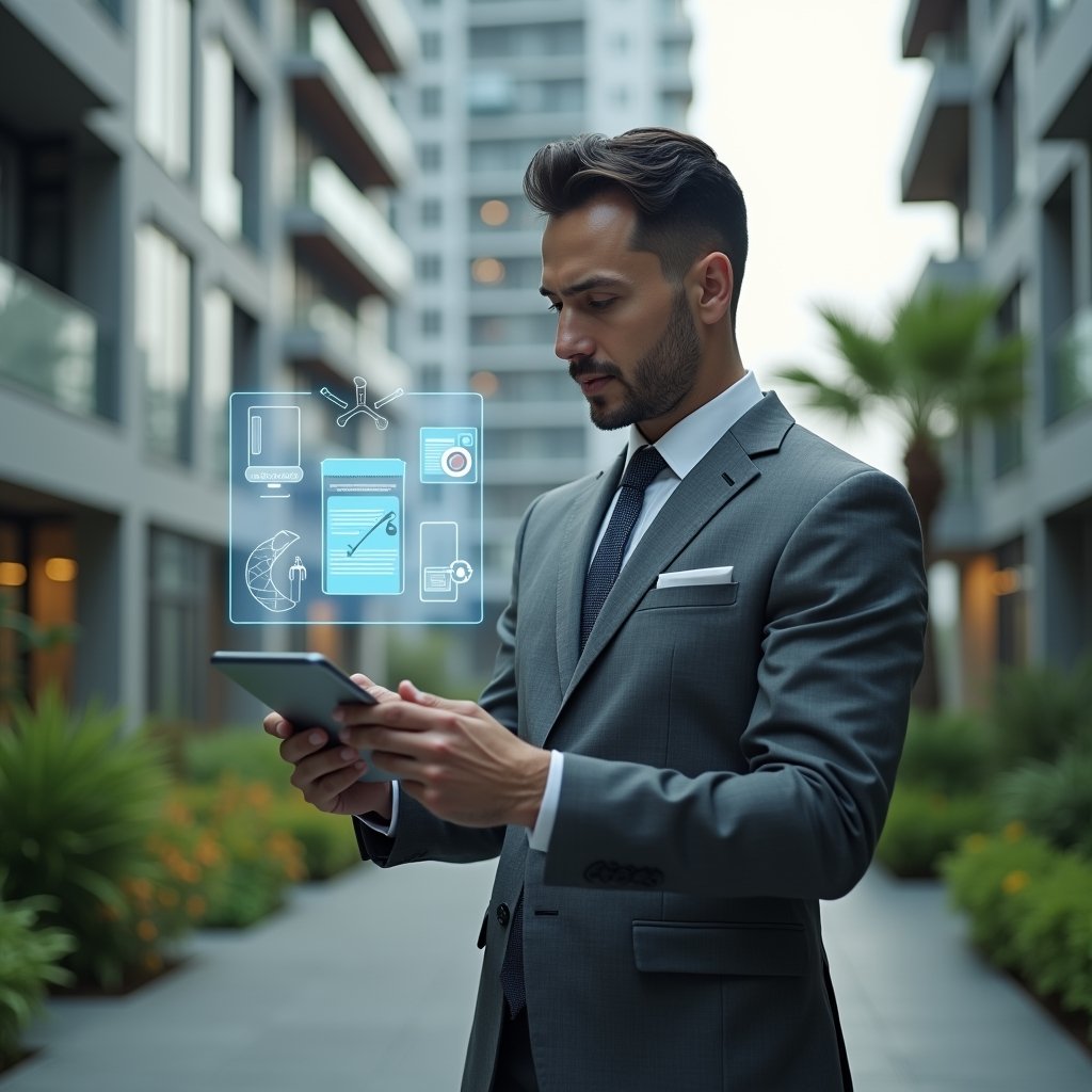 Ultra-realistic condominium manager in a tailored gray suit, set in a modern luxury condominium environment with high-rise buildings and lush green landscaping, confidently reviewing a floating holographic maintenance schedule with calendar and wrench icons, holding a sleek tablet, cinematic lighting, shallow depth of field, highly detailed textures, realistic skin, photographic realism, 8k resolution --ar 1:1 --v 6