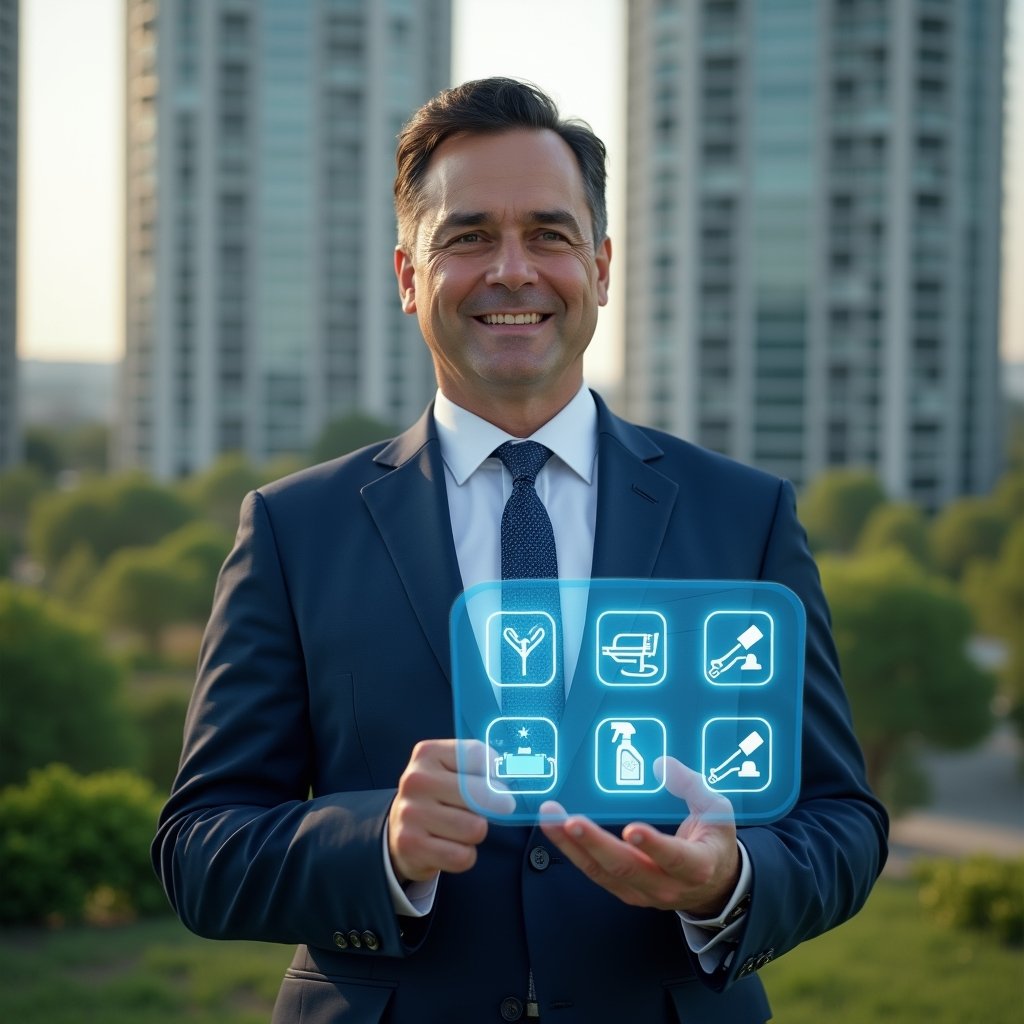 Ultra-realistic condominium manager in a navy blue executive suit, set in a modern luxury condominium environment with high-rise buildings and impeccably maintained green landscaping, holding and interacting with a glowing holographic activity schedule displaying icons of maintenance tools, cleaning spray bottle, and security camera, confident and focused expression, cinematic lighting, shallow depth of field, highly detailed textures, realistic skin, photographic realism, 8k resolution --ar 1:1 --v 6