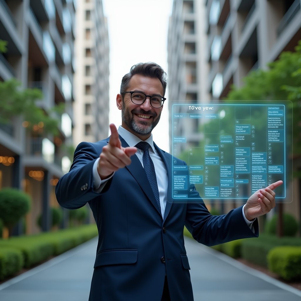 (Ultra-realistic professional condominium manager in a navy blue tailored suit, set in a modern luxury condominium environment with high-rise buildings and lush green landscaping, holding a digital holographic weekly schedule in mid-air while pointing and smiling confidently, translucent calendar and checklist icons floating around, cinematic lighting, shallow depth of field, highly detailed textures, realistic skin, photographic realism, 8k resolution --ar 1:1 --v 6)