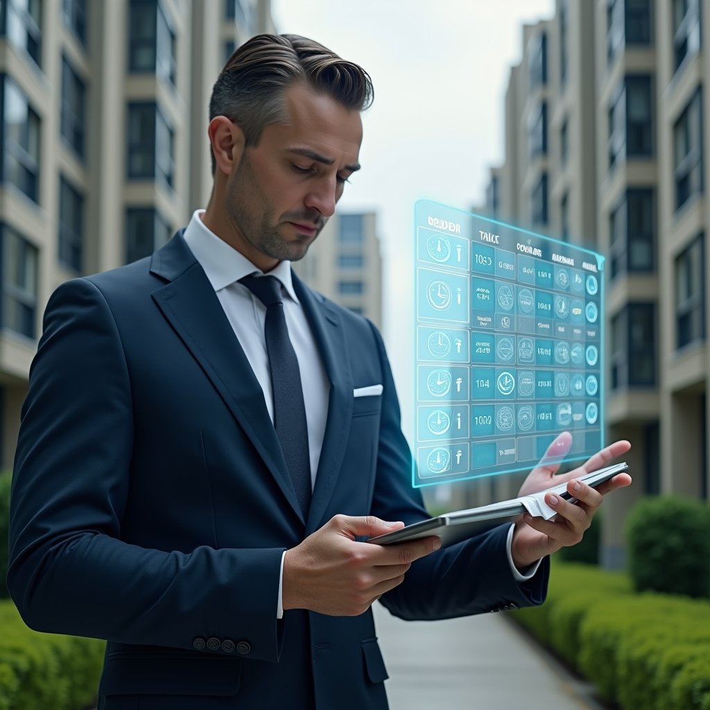 (Ultra-realistic condominium manager in a navy tailored suit, set in a modern luxury condominium environment with high-rise buildings and manicured green landscaping, examining a holographic calendar interface with highlighted monthly, quarterly, and annual task segments, projecting floating icons of clocks and checkmarks, cinematic lighting, shallow depth of field, highly detailed textures, realistic skin, photographic realism, 8k resolution --ar 1:1 --v 6)