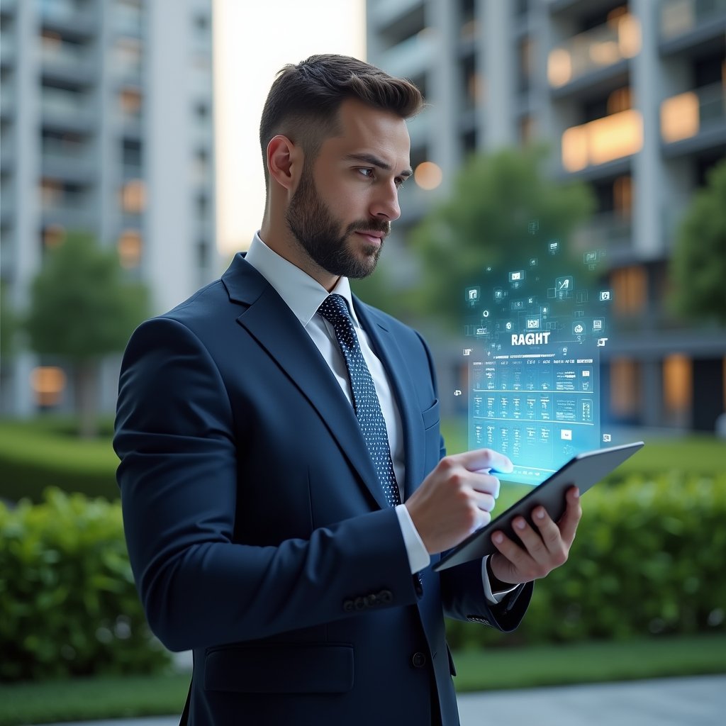 Ultra-realistic condominium manager in a tailored navy suit, set in a modern luxury condominium environment with high-rise buildings and lush green landscaping, holding a digital tablet displaying a holographic monthly schedule with floating calendar icons and checkmarks, thoughtful and confident expression as if planning tasks, cinematic lighting, shallow depth of field, highly detailed textures, realistic skin, photographic realism, 8k resolution --ar 1:1 --v 6