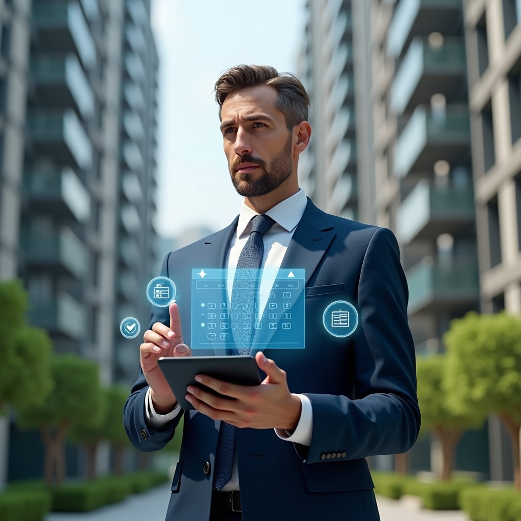 Ultra-realistic condominium manager in a navy blue suit, set in a modern luxury condominium environment with high-rise buildings and green landscaping, holding a tablet displaying a holographic schedule and pointing to calendar icons, surrounded by floating maintenance icons and checkmarks, focused and confident expression, cinematic lighting, shallow depth of field, highly detailed textures, realistic skin, photographic realism, 8k resolution --ar 1:1 --v 6