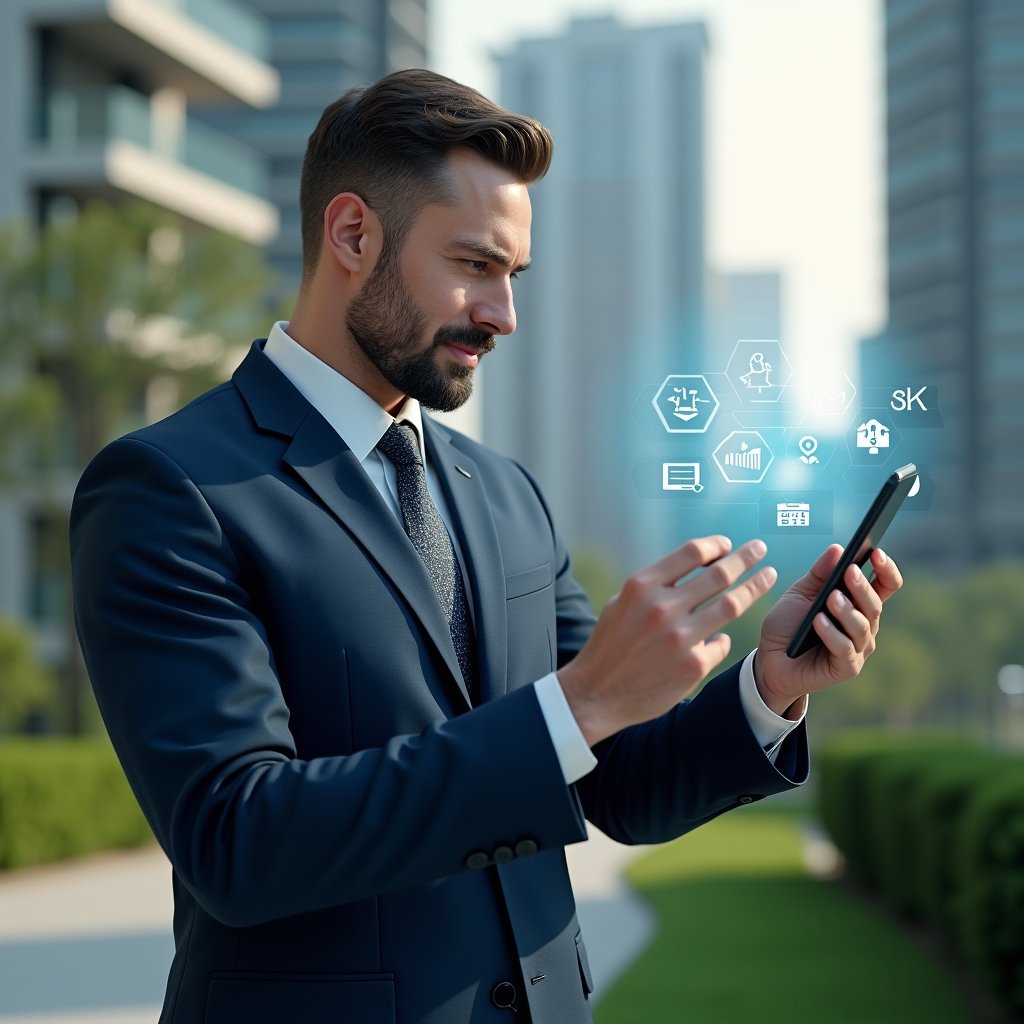Ultra-realistic condominium manager in a dark blue executive suit, set in a modern luxury condominium environment with high-rise buildings and manicured green landscaping, confidently interacting with a floating holographic app interface displaying icons for communication, security, and finance, cinematic lighting, shallow depth of field, highly detailed textures, realistic skin, photographic realism, 8k resolution --ar 1:1 --v 6