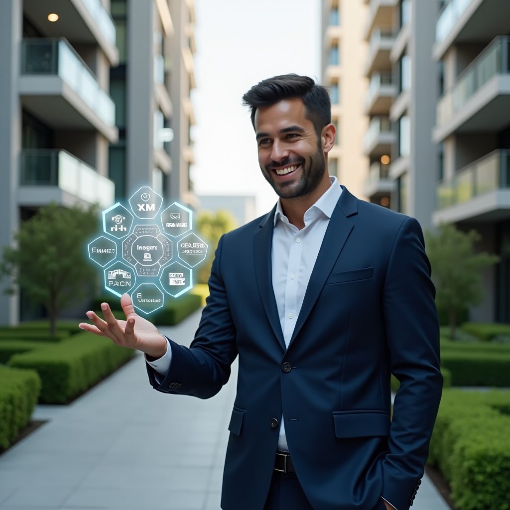 Ultra-realistic property manager in a navy blue suit, set in a modern luxury condominium environment with high-rise buildings and manicured green landscaping, holding a transparent holographic interface displaying icons for finances, reservations, and internal messaging, smiling confidently as they interact with the floating app elements, cinematic lighting, shallow depth of field, highly detailed textures, realistic skin, photographic realism, 8k resolution --ar 1:1 --v 6