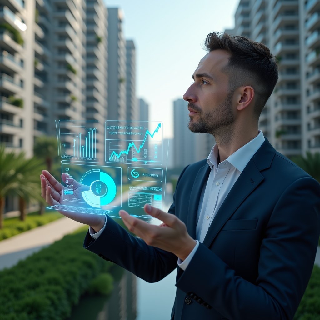 Ultra-realistic condominium manager in a navy suit, set in a modern luxury condominium environment with high-rise buildings and manicured greenery, analyzing a floating holographic pie chart distinguishing ordinary vs extraordinary expenses, surrounded by holographic financial graphs and icons, confident and focused expression, cinematic lighting, shallow depth of field, highly detailed textures, realistic skin, photographic realism, 8k resolution --ar 1:1 --v 6