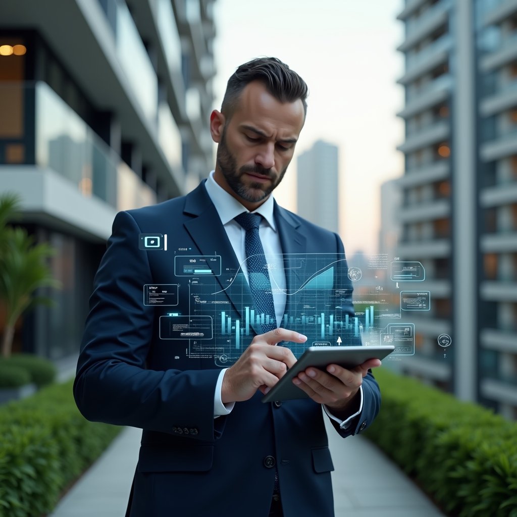 Ultra-realistic condominium manager in a dark blue suit, set in a modern luxury condominium environment with high-rise buildings and manicured green landscaping, holding a tablet displaying holographic financial charts and graphs, confidently analyzing budget forecasts with floating icons of coins and line graphs around, cinematic lighting, shallow depth of field, highly detailed textures, realistic skin, photographic realism, 8k resolution --ar 1:1 --v 6