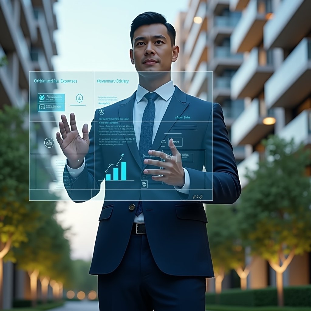 Ultra-realistic condominium manager in a navy blue suit, set in a modern luxury condominium environment with high-rise buildings and manicured green landscaping, standing mid-shot while interacting with a floating holographic interface displaying charts labeled “Ordinary vs Extraordinary Expenses,” glowing coin and emergency shield icons hovering nearby, confident and focused expression, cinematic lighting, shallow depth of field, highly detailed textures, realistic skin, photographic realism, 8k resolution --ar 1:1 --v 6
