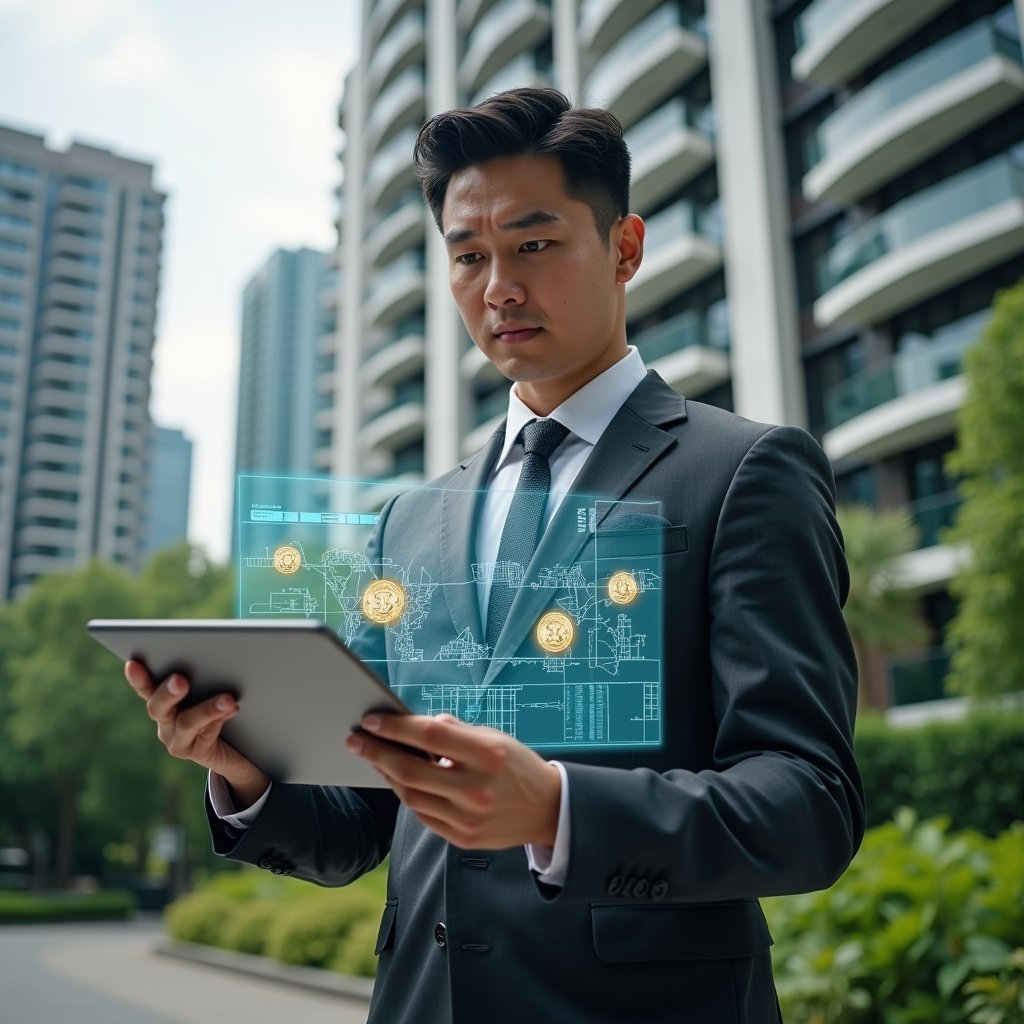 (Ultra-realistic condominium manager in a tailored dark gray suit, set in a modern luxury condominium environment with high-rise buildings and lush green landscaping, mid shot focusing on the professional, holding and analyzing a holographic chart contrasting ordinary and extraordinary expenses with floating icons of coins and construction blueprints, confident and focused expression, cinematic lighting, shallow depth of field, highly detailed textures, realistic skin, photographic realism, 8k resolution --ar 1:1 --v 6)