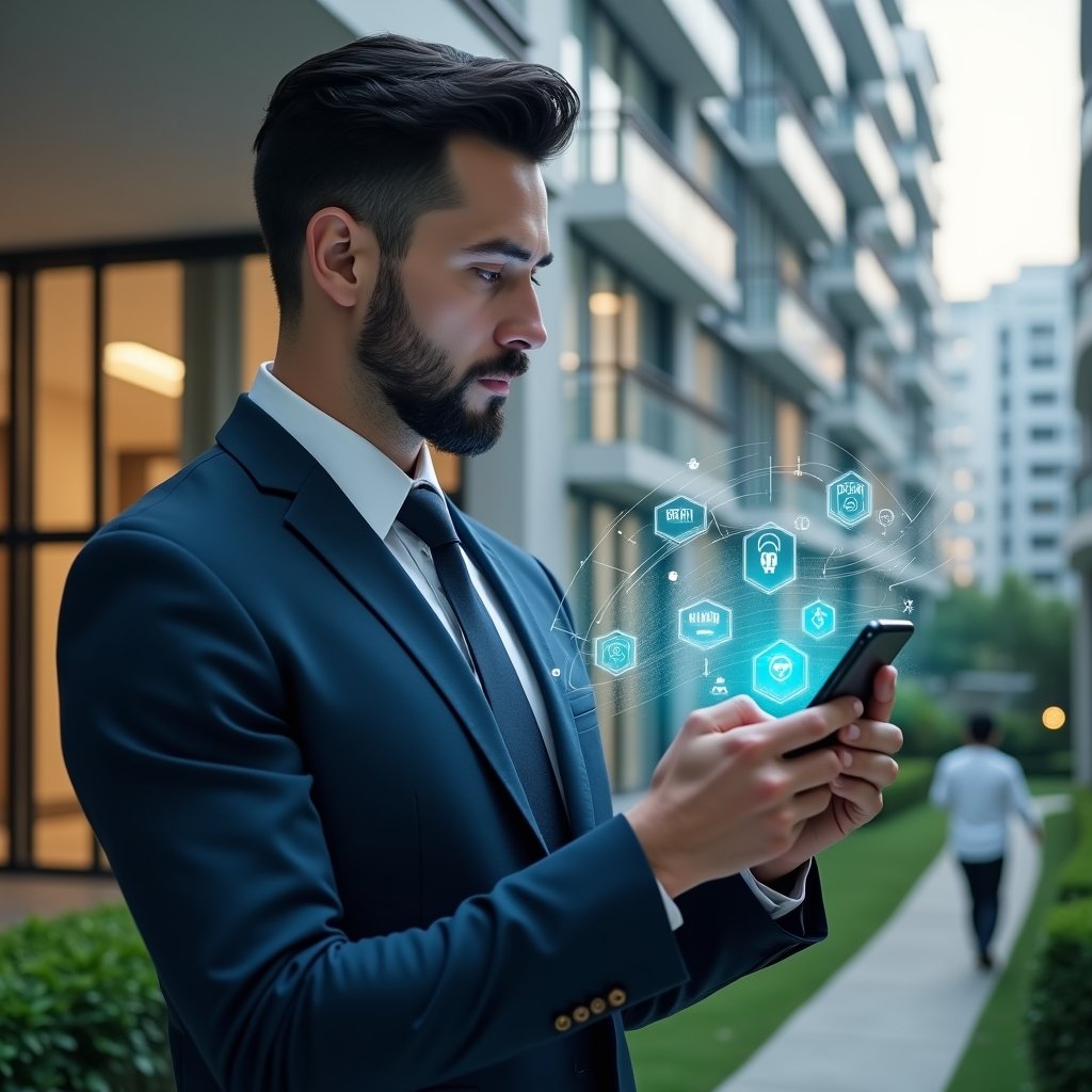 Ultra-realistic condominium manager in a navy executive suit, set in a modern luxury condominium environment with high-rise buildings and manicured greenery, holding a smartphone projecting holographic icons representing access control, reservations, billing and notifications, confidently analyzing the digital interface, futuristic holographic UI elements floating around, cinematic lighting, shallow depth of field, highly detailed textures, realistic skin, photographic realism, 8k resolution --ar 1:1 --v 6